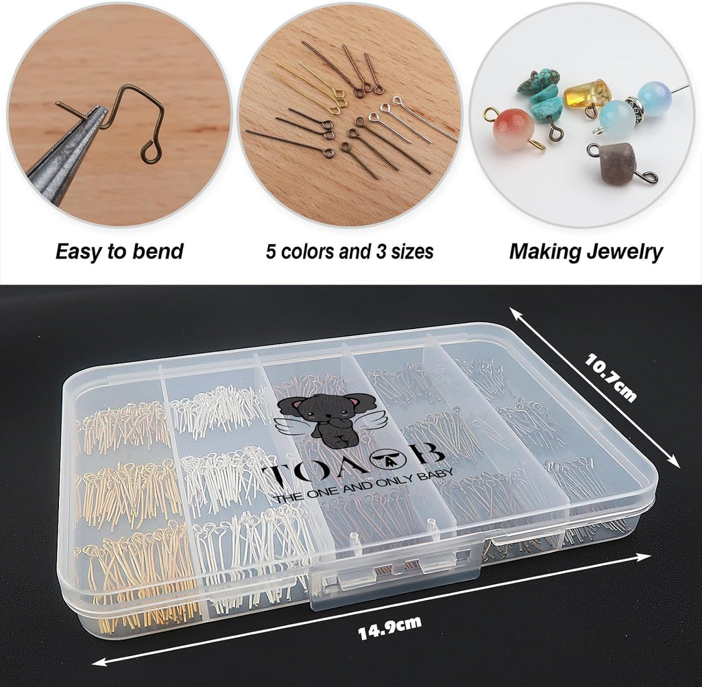 TOAOB 650pcs Eye Pins for Jewelry Making 16mm 20mm 30mm Mixed Color Metal Head Pins Findings for DIY Crafts Necklaces