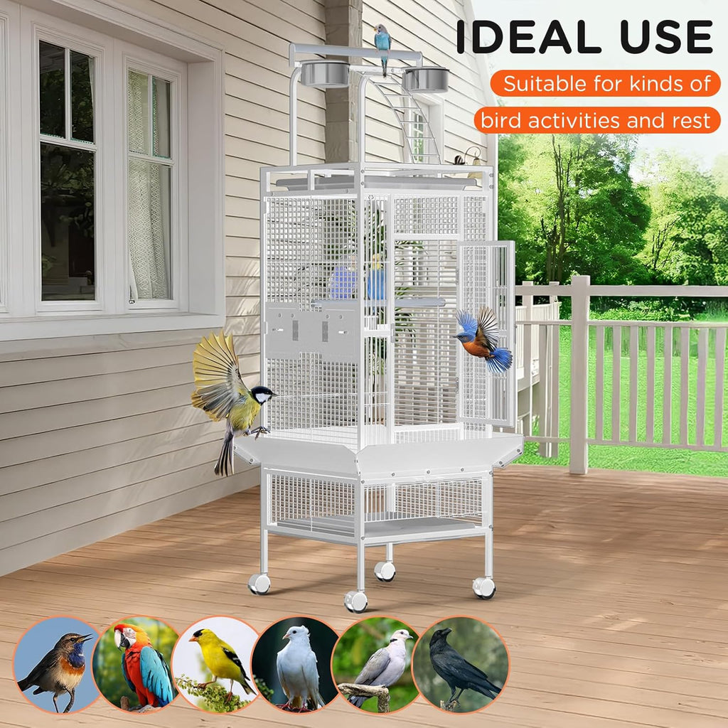 60 Inch White Parrot Cage with Play Top & 4 Feeder Bowls | Wrought Iron Large Bird Cage with Rolling Stand for