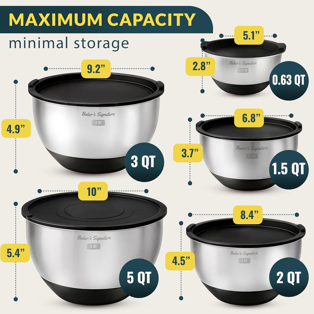 Stainless Steel Mixing Bowls with Lids Set, 5 Sizes, 3 Graters, Non-Slip Base, Airtight Lids, Metal Mixing Bowls for