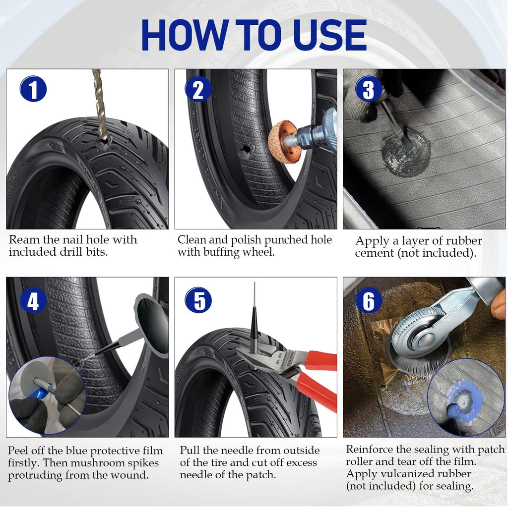 Tire Repair Patch Tool Kit Including 24pcs Tire Patch Plugs, Tungsten Buffing Wheel, Tire Patch Roller with 4mm Twist