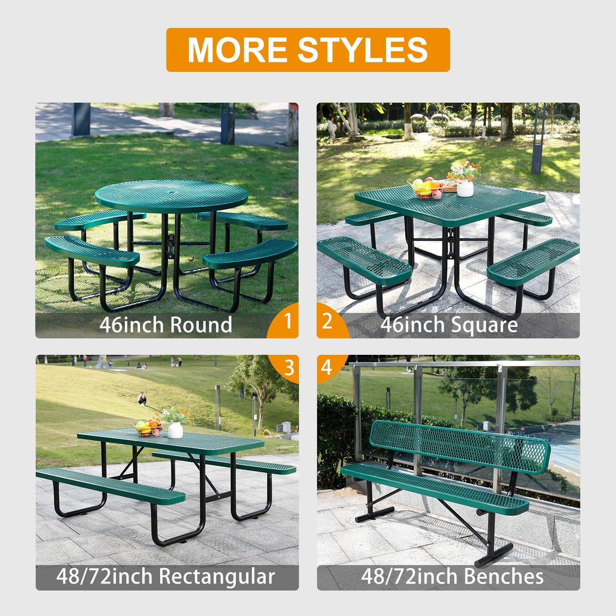 4ft Heavy-Duty Commercial Metal Outdoor Picnic Table, Green