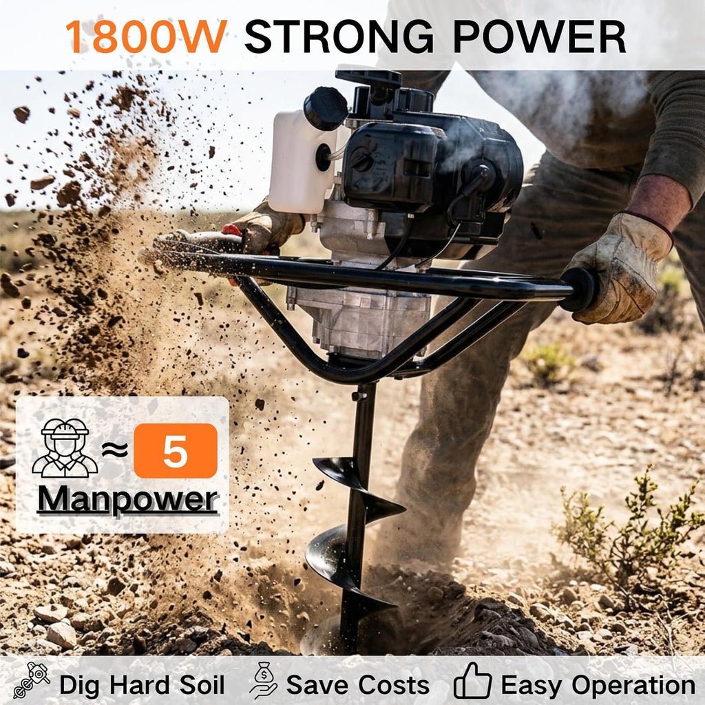 Post Hole Digger, 52cc 1800W Gas Powered Earth Auger Earth Digger, Auger Post Hole Digger with Two Drill Bit 6" & 10"