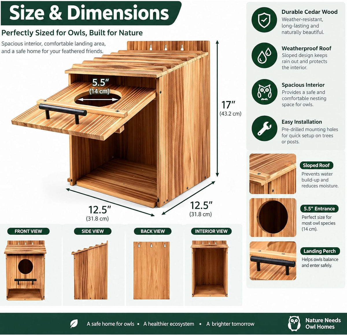 Large Owl Houses for Outdoors, 17" x 12.5" x 12.5" Barn Owl Box