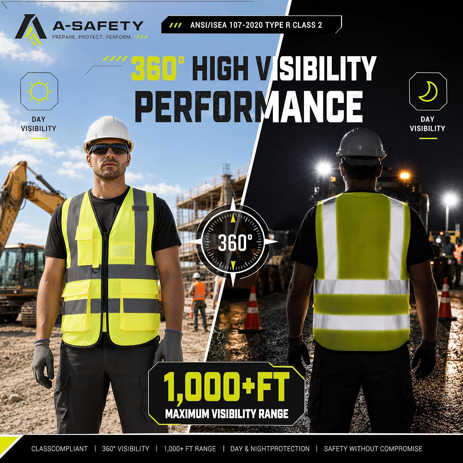 ANSI/ISEA Standard Class 2 Hi-Vis Vest, Mic Tabs, Zip, Yellow, XL | Yellow XL Class 2 safety vest with 7 pockets