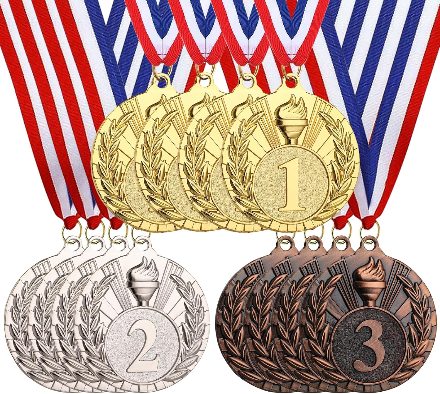 12 Pcs Gold Silver Bronze Medals for Awards, 1st 2nd 3rd Place Award Medal, Torch Metal Medals with Neck Ribbons for