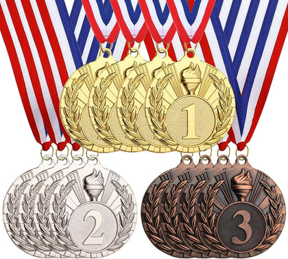12 Pcs Gold Silver Bronze Medals for Awards, 1st 2nd 3rd Place Award Medal, Torch Metal Medals with Neck Ribbons for