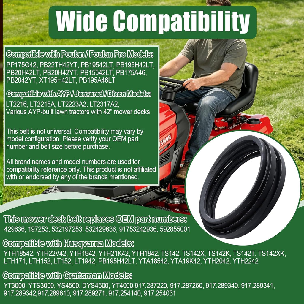 42 Inch Mower Deck Belt Replacement 429636 197253 592855001, 1/2" x 101" | Compatible with Craftsman Husqvarna Poulan