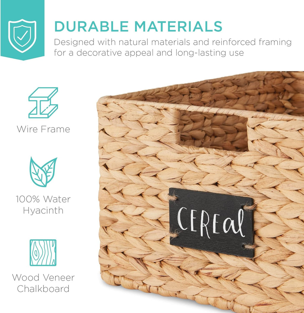 Pantry Baskets Set of 2 16x12in Water Hyacinth Storage Baskets, Woven Wicker Kitchen Organizers with handles