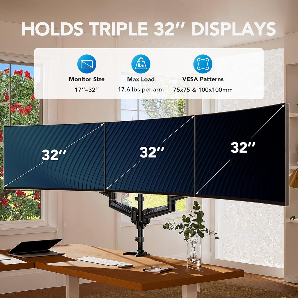 Triple Monitor Mount for 17 to 32 inch Screens, Adjustment Gaming Triple Monitor Stand with Swivel, Tilt, Rotation