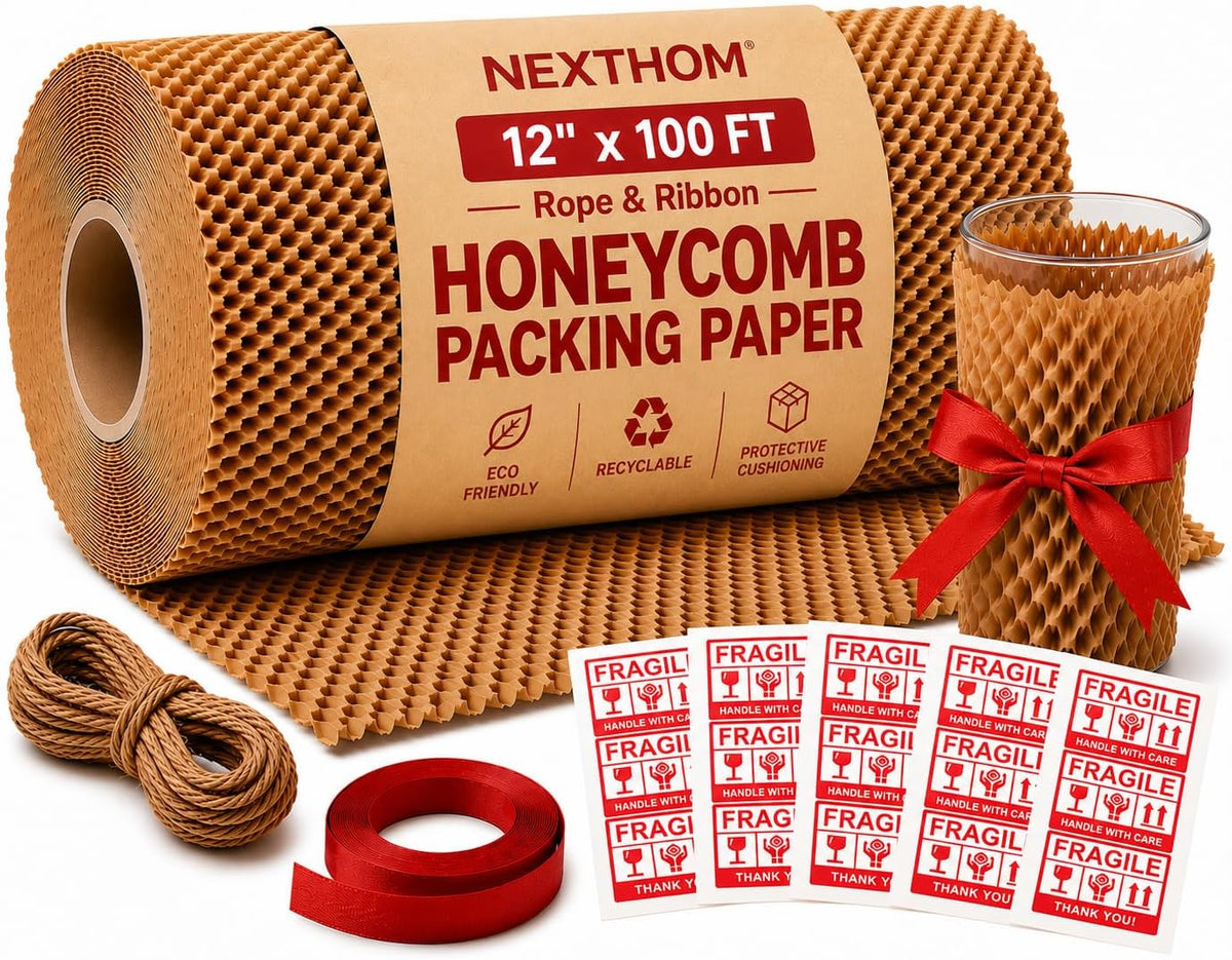 Honeycomb Packing Paper, 12 Inch x 100 FT – Eco-Friendly Recyclable Cushioning Wrap Roll for Moving & Shipping