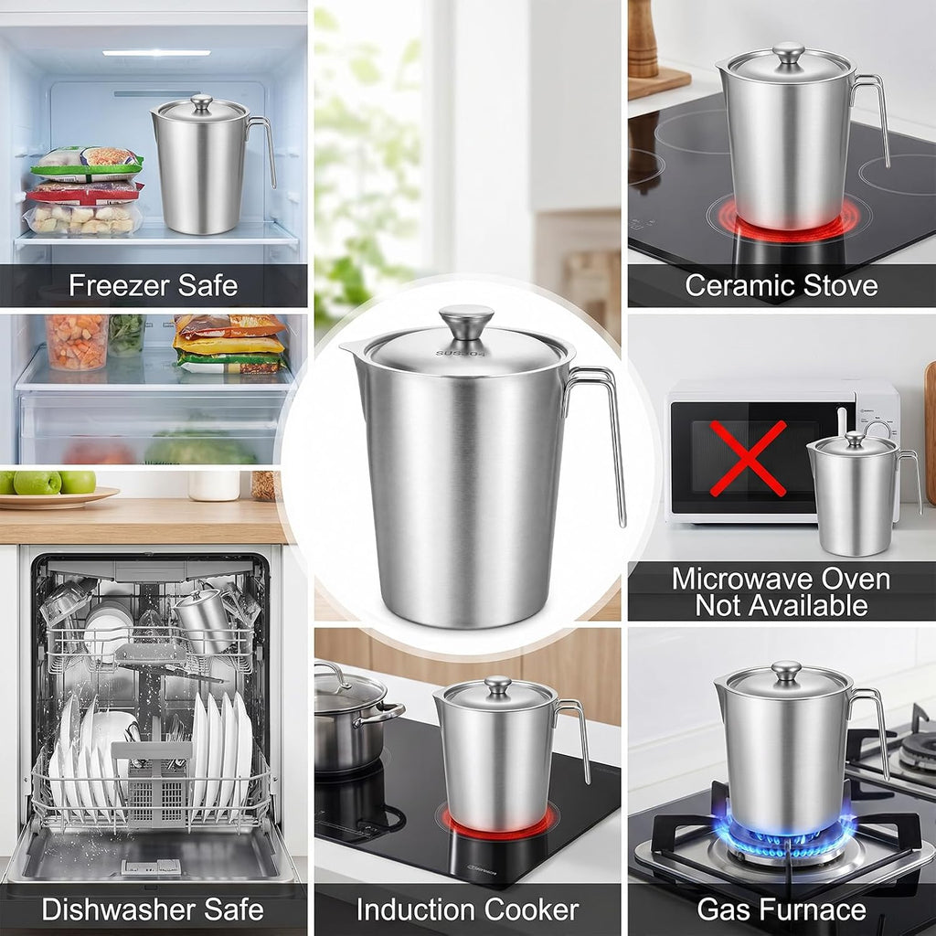 Stainless Steel Pitcher with Lid, 70 oz/2 L Metal Measuring Cup