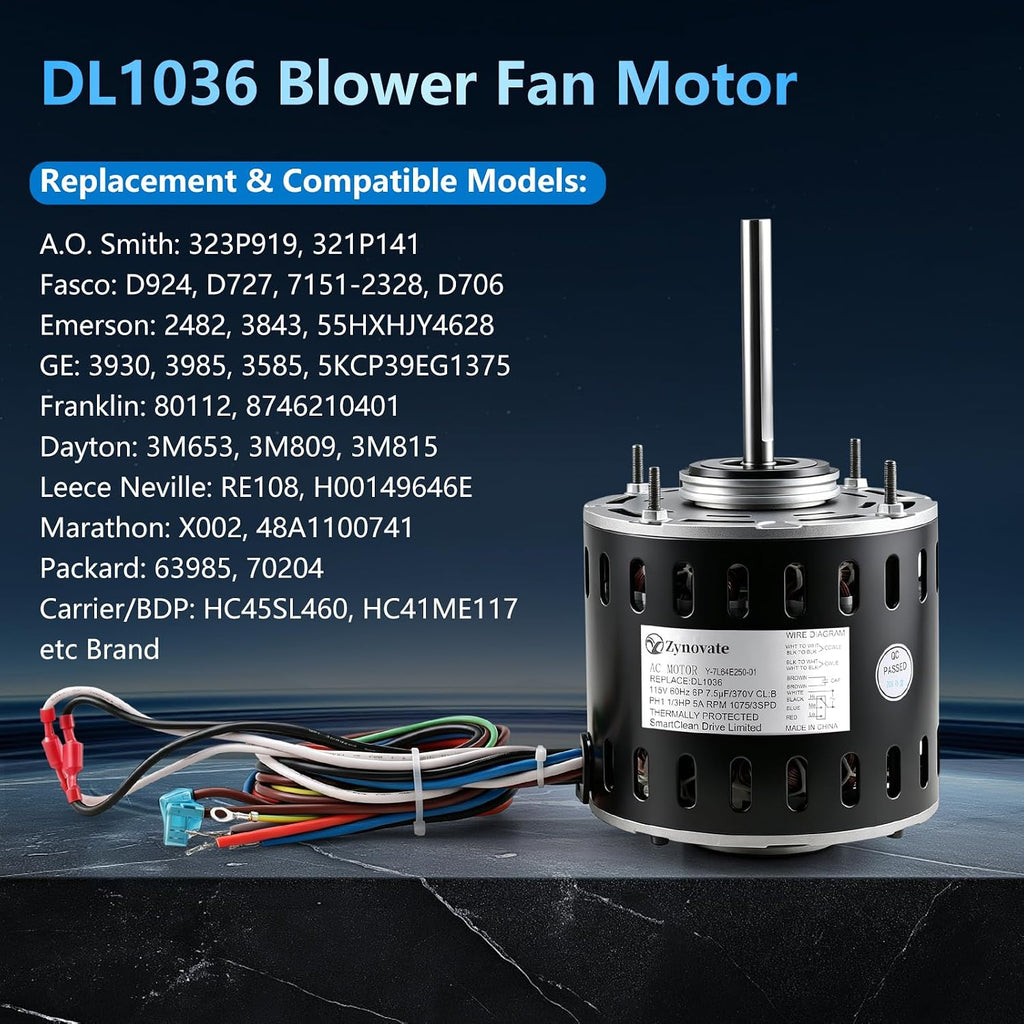 DL1036 Blower Fan Motor 1/3 HP 1075 RPM 3 Speed 115V 5.0A 48 Frame Motor