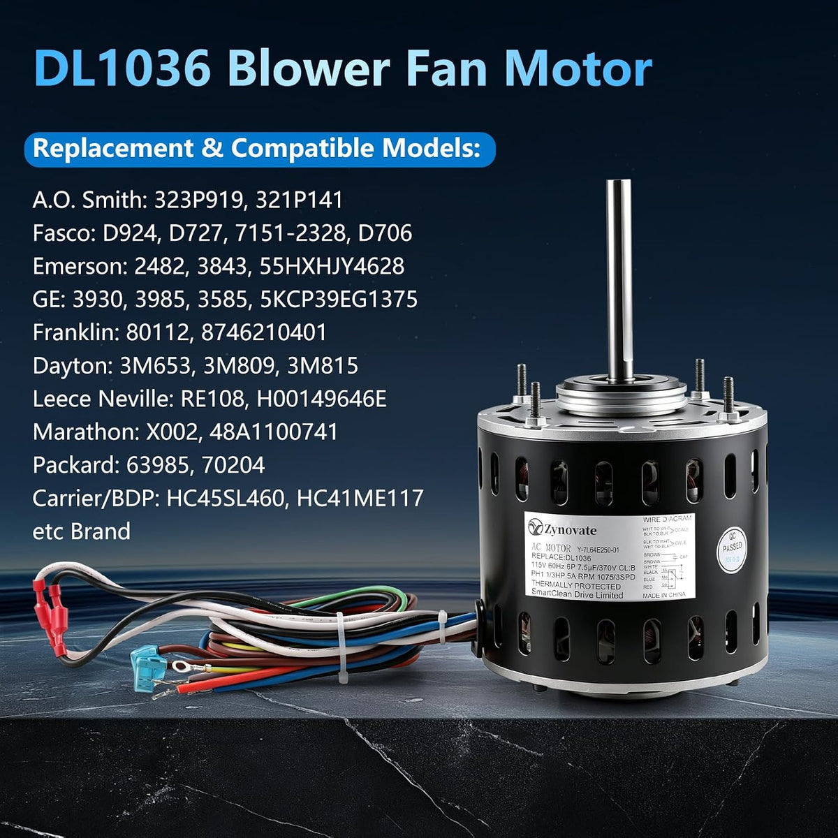 DL1036 Blower Fan Motor 1/3 HP 1075 RPM 3 Speed 115V 5.0A 48 Frame Motor
