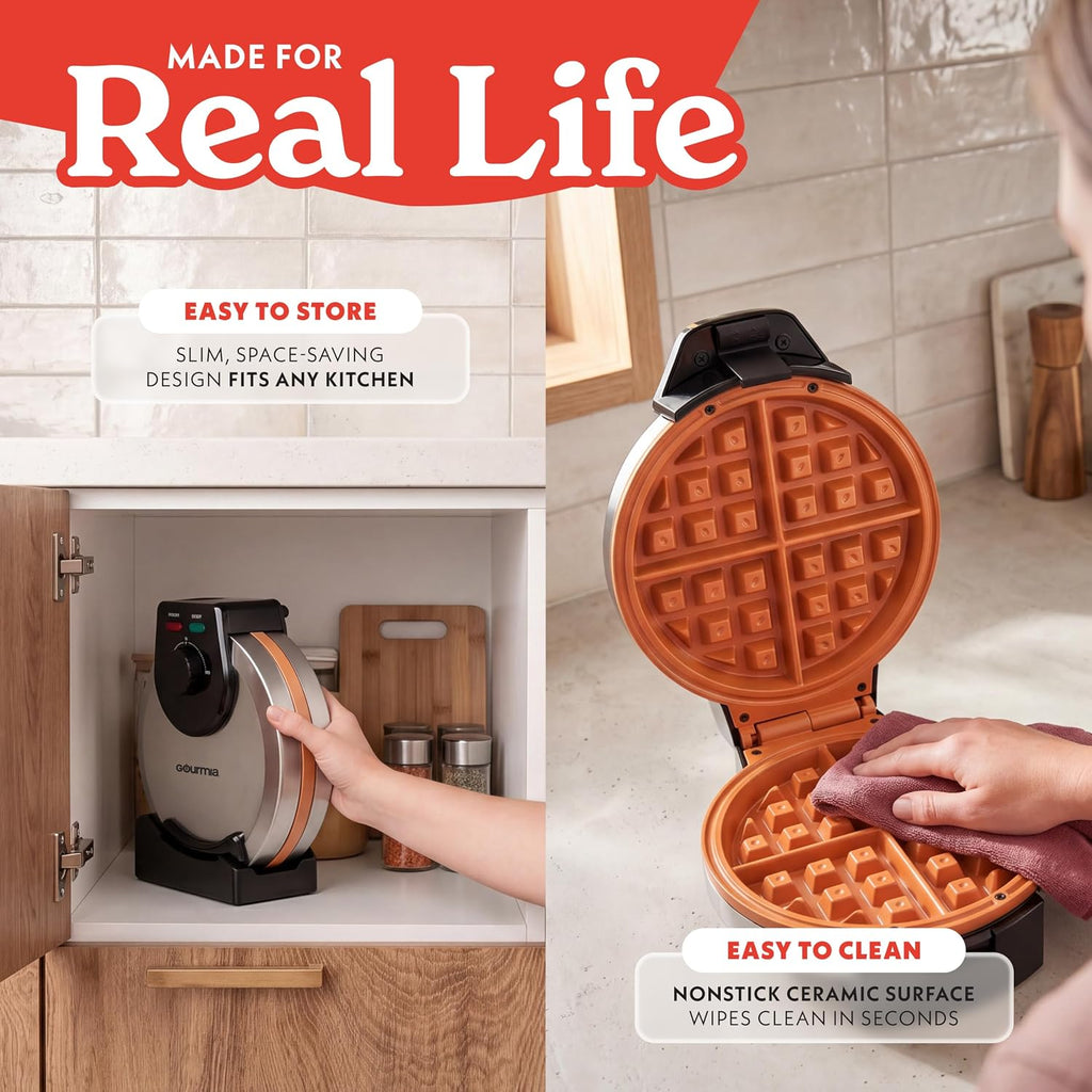 Belgian Waffle Maker – Compact Design with Upright Storage, Adjustable Browning, and Easy-Clean Nonstick Ceramic