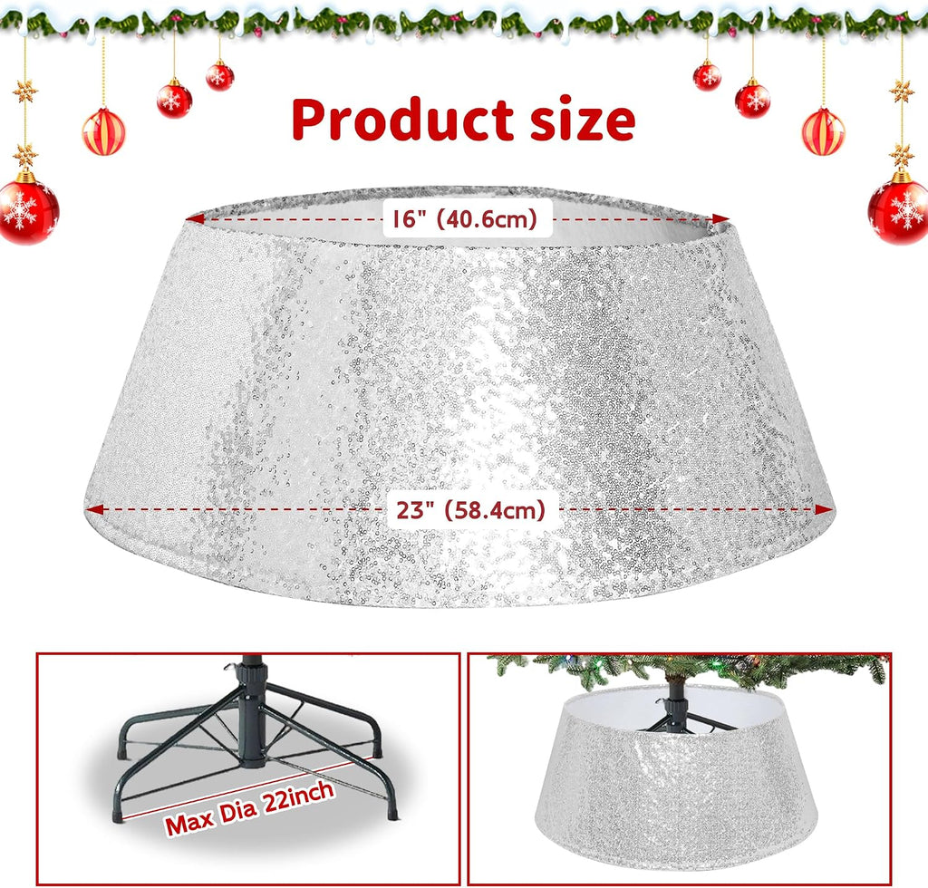 Silver Sequin Christmas Tree Collar 23 Inch | 16 Inch top opening and tapered ring conceal stands and cords with hook