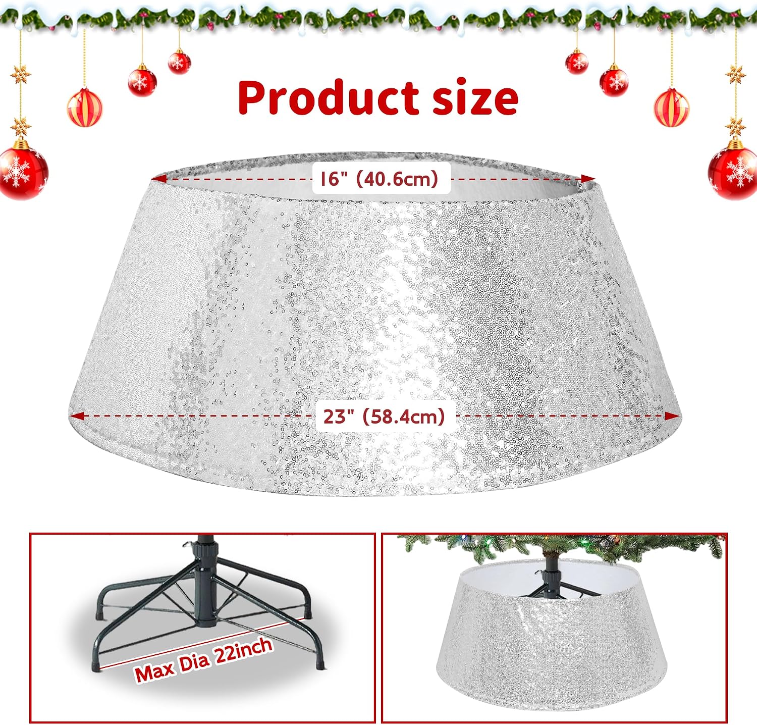 Silver Sequin Christmas Tree Collar 23 Inch | 16 Inch top opening and tapered ring conceal stands and cords with hook