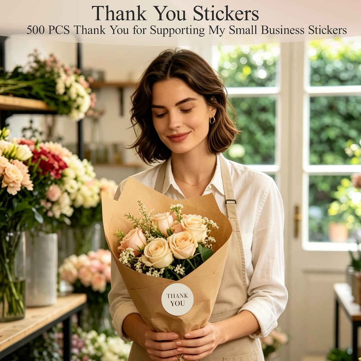 Thank You Stickers Roll, 500PCS, 1.5 Inch Round, Beige