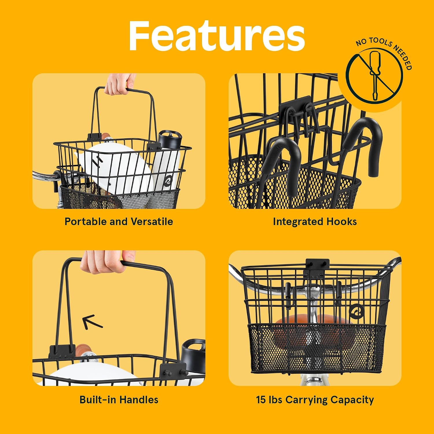 Apollo Detachable Front Bike Basket Steel Half-Mesh with Integrated Detachable Hooks and Built-In Handle, Easy