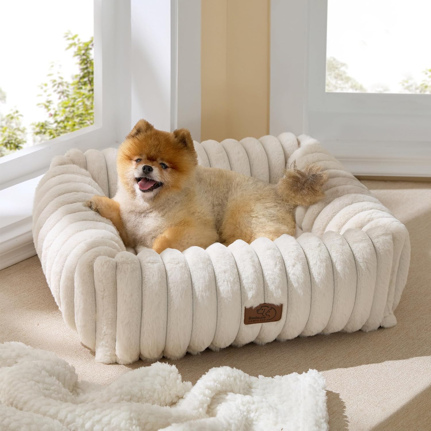 ComfyFleece Cute Dog Bed for Small Medium Dogs - Washable Furry Puppy Beds, Rectangle Orthopedic Corduroy Fleece Pet
