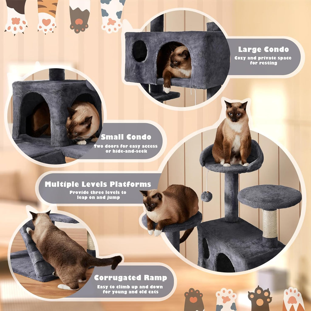 Yaheetech 54in Cat Tree, Multi-Level Cat Tower with Spacious Kitten-ear Perch, 2 Cozy Caves, Scratching Posts