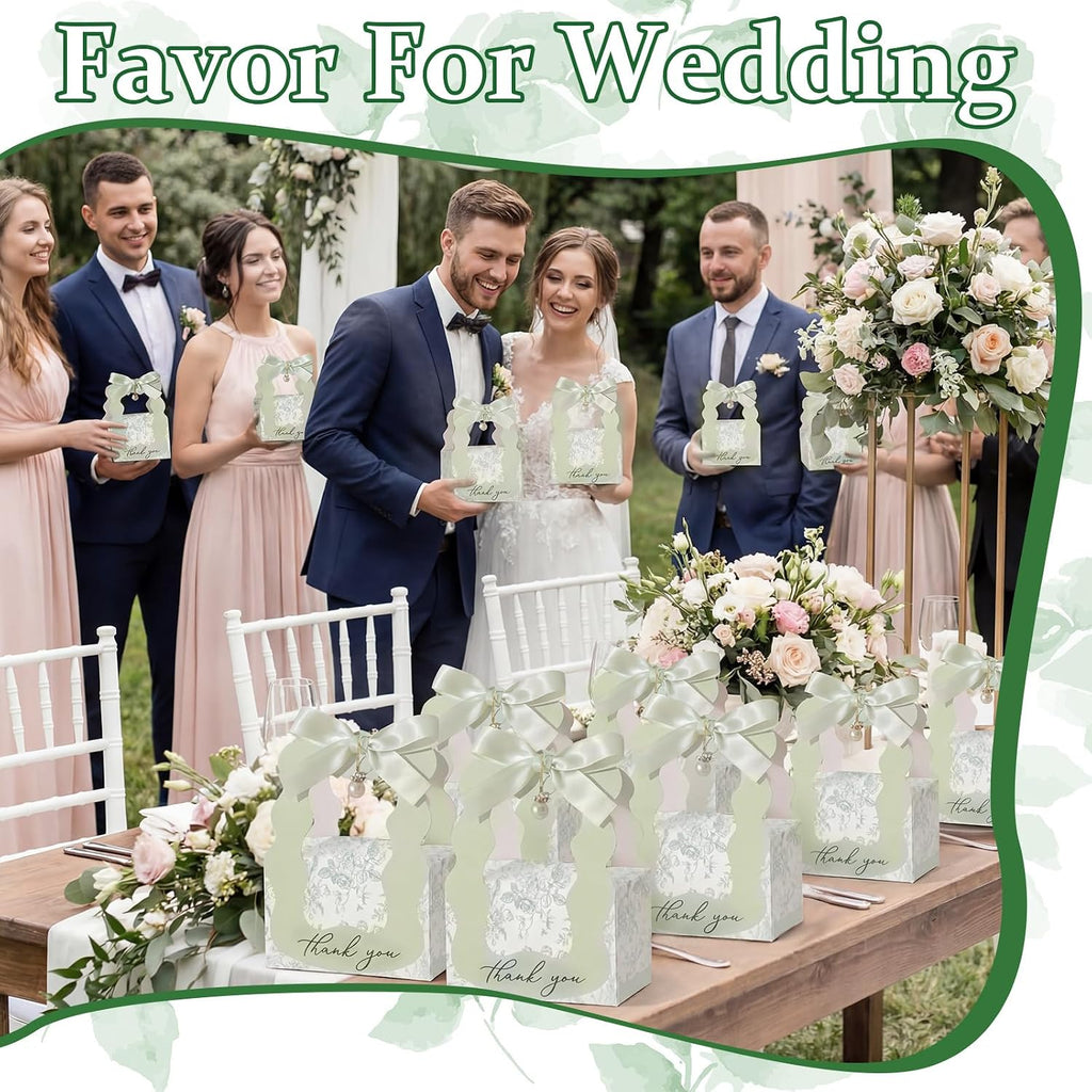 50 Sets Floral Wedding Favor Boxes with Pearl Pendant Bow, Green