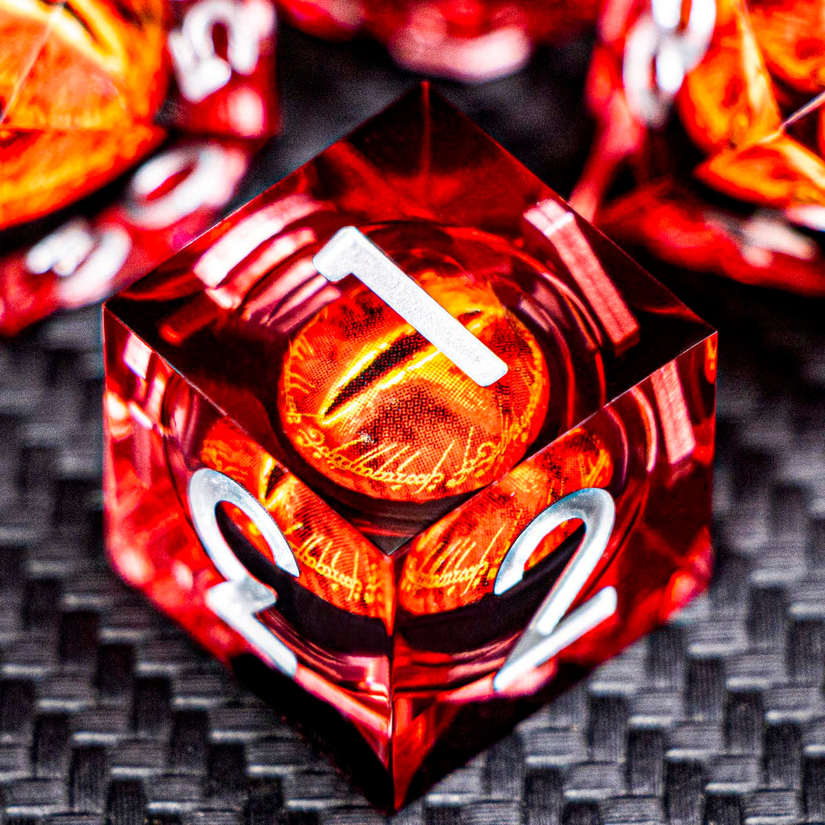 RPG Resin Dice Gazes Eye Dice Silver Red Liquid Core Flaming RPG Sharp Edged Dice Set with Gift Box, Polyhedral D and
