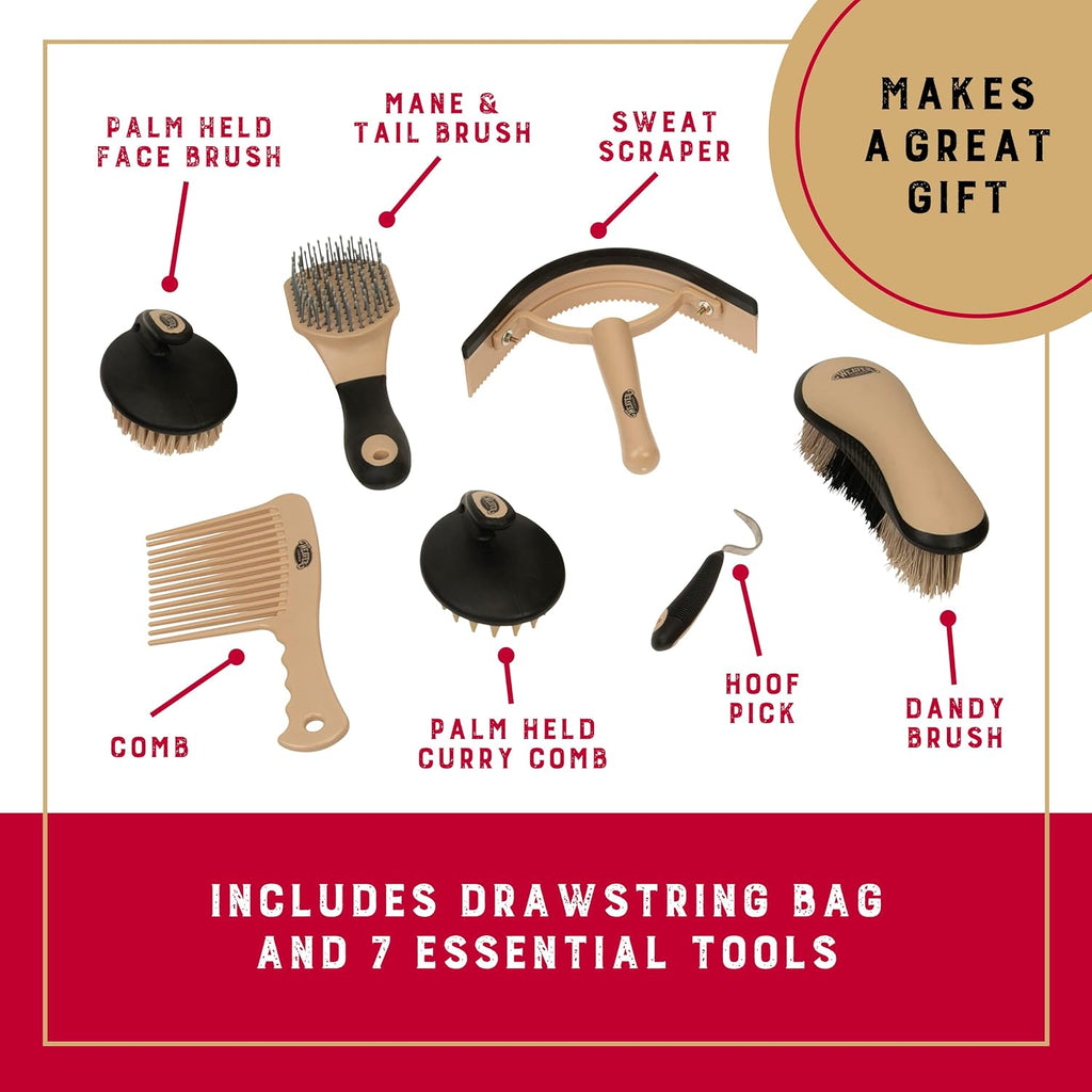 Horse Grooming Kit, 7-Piece Horse Brush Set with Organizer Tote Bag, Hoof Pick, Comb, Sweat Scraper, Equine Tools for