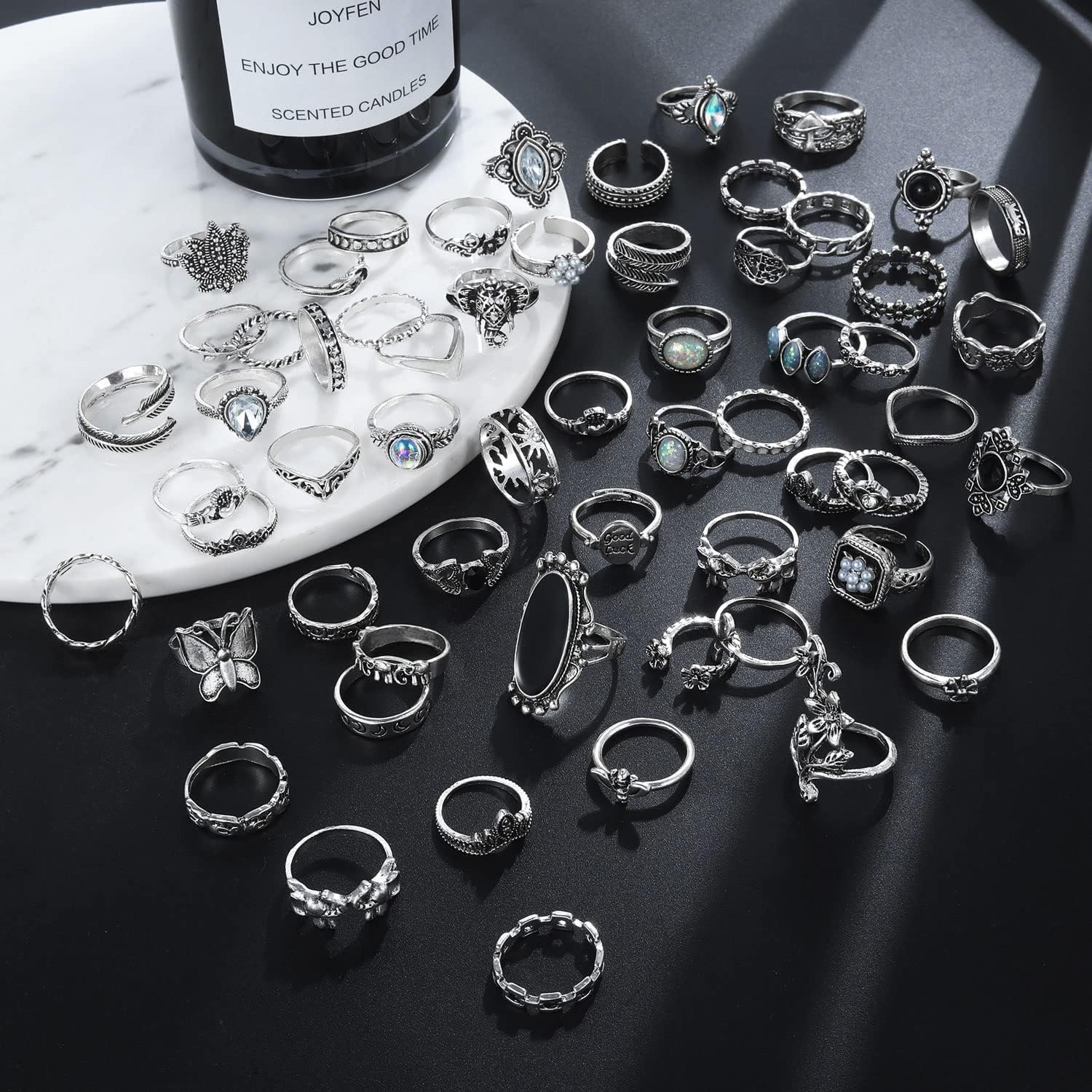 Vintage Silver Knuckle Rings Set for Women Men, Chunky Rings Aesthetic Snake Grunge Stackable Gothic Ring Adjustable