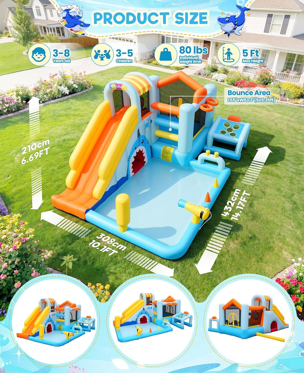 24-in-1 Unicorn Shark Cave Inflatable Water Slides Bounce House Wet Dry Park for Kids Backyard with Blower