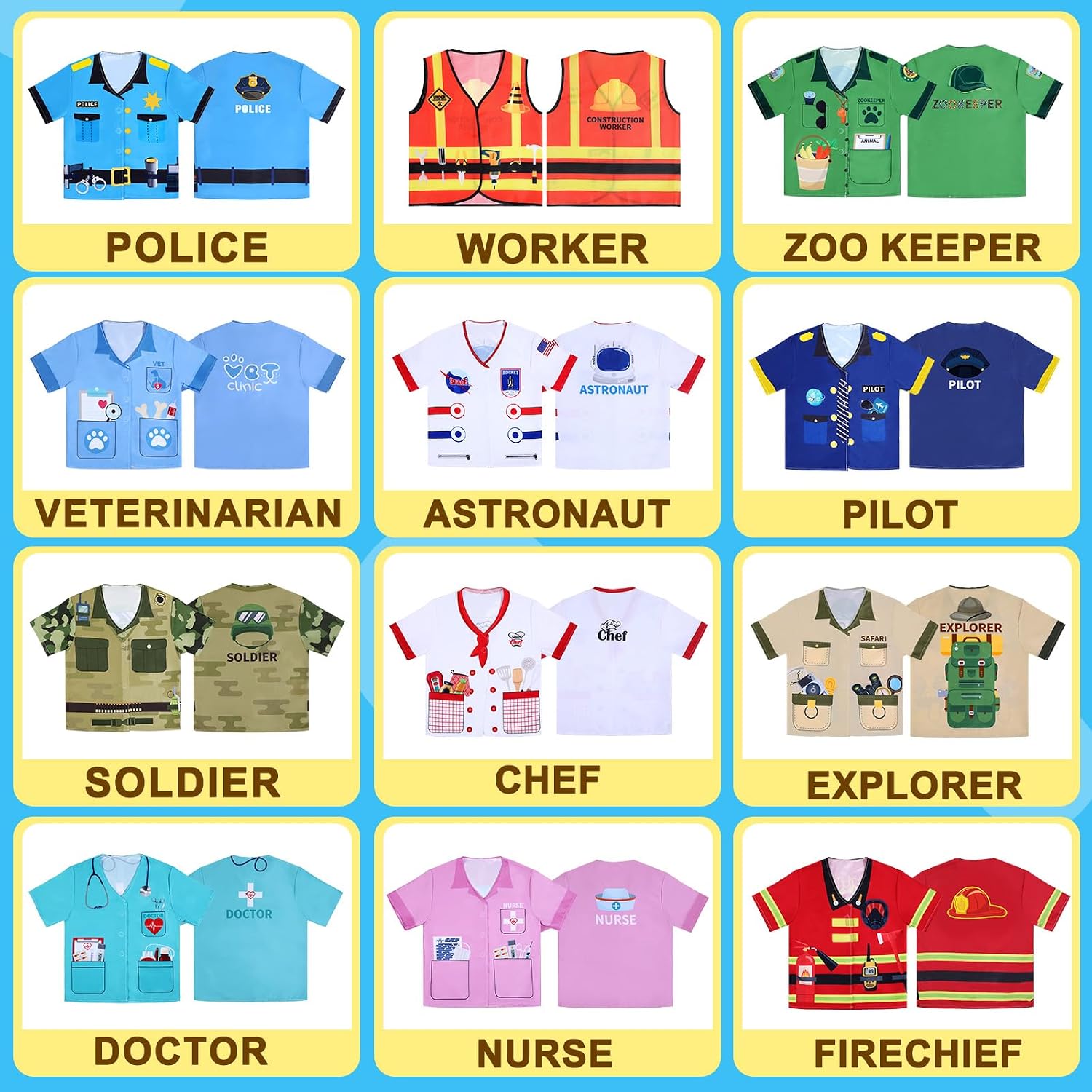 12 Pcs Kids Role Play Costume Dress up Clothes for Kids Community Helper Career Cosplay Doctor Construction Workers