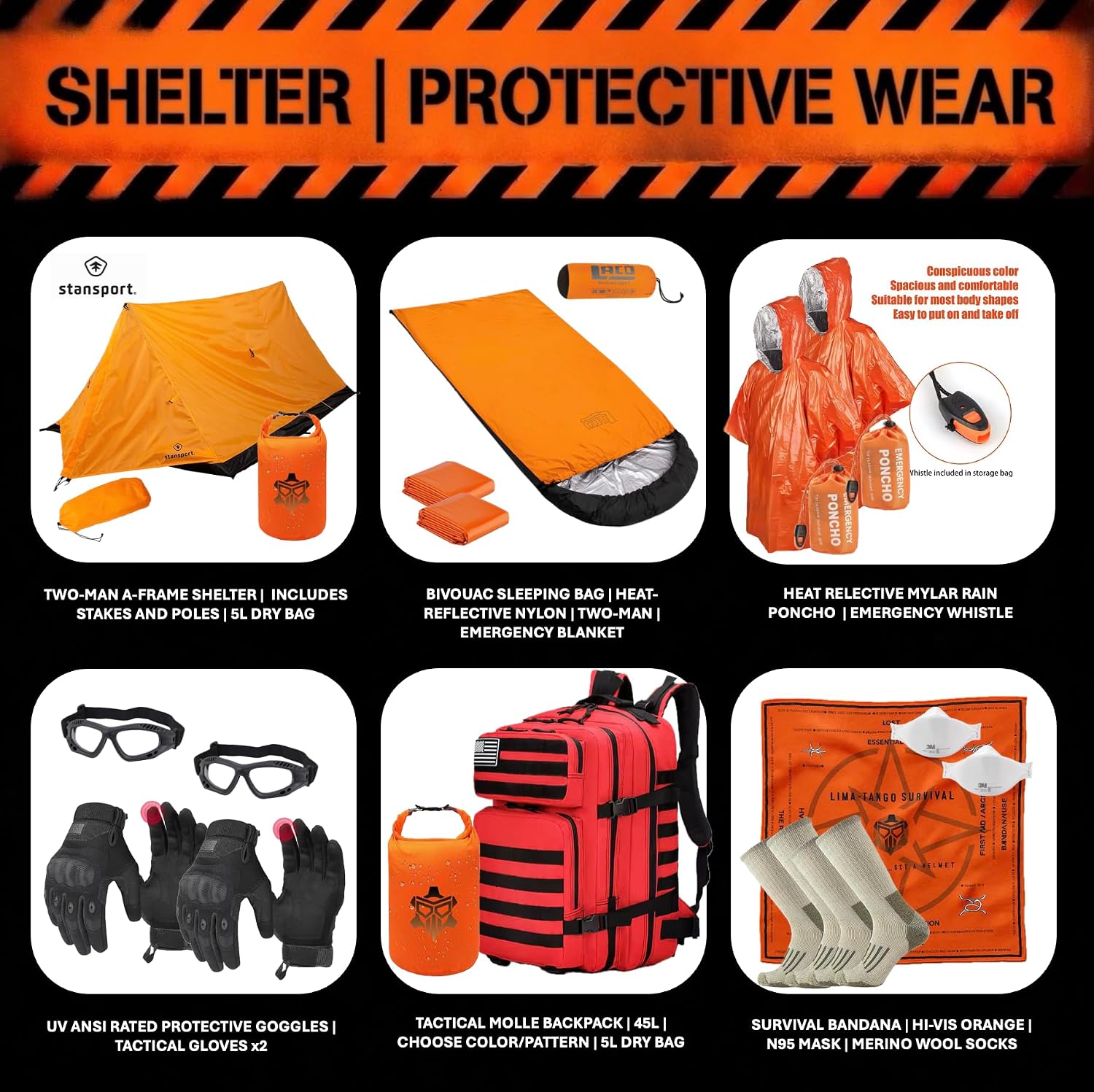 72 Hour Survival Kit 2-Person Emergency Preparedness Bug Out Bag - 180pcs w/ 45L MOLLE Backpack, 2-Man Tent, First