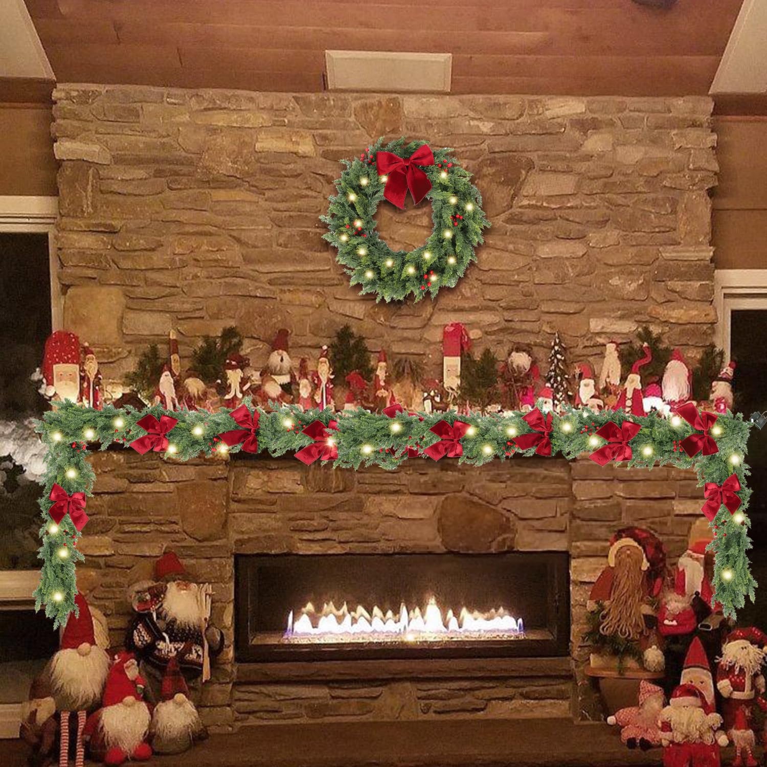 9ft Pre-Lit Real Touch Cedar Christmas Garland with Lights | Lighted Cypress Garland for Mantle,Greenery Christmas