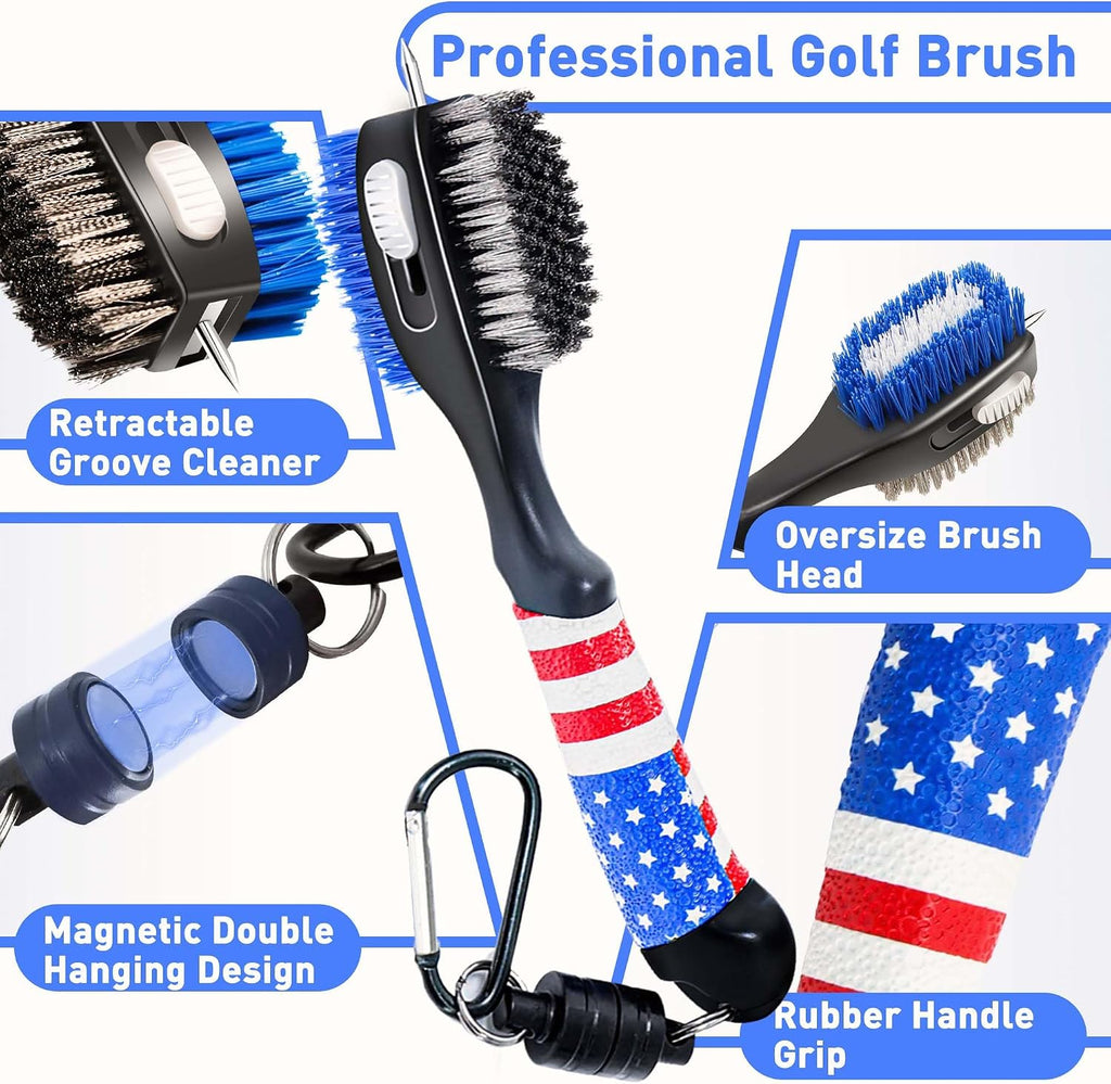 Golf Club Brush and Amercian Flag Golf Towels, Golf Groove Cleaner Cleaning kit, Golf Accessories Cleaner Tool with