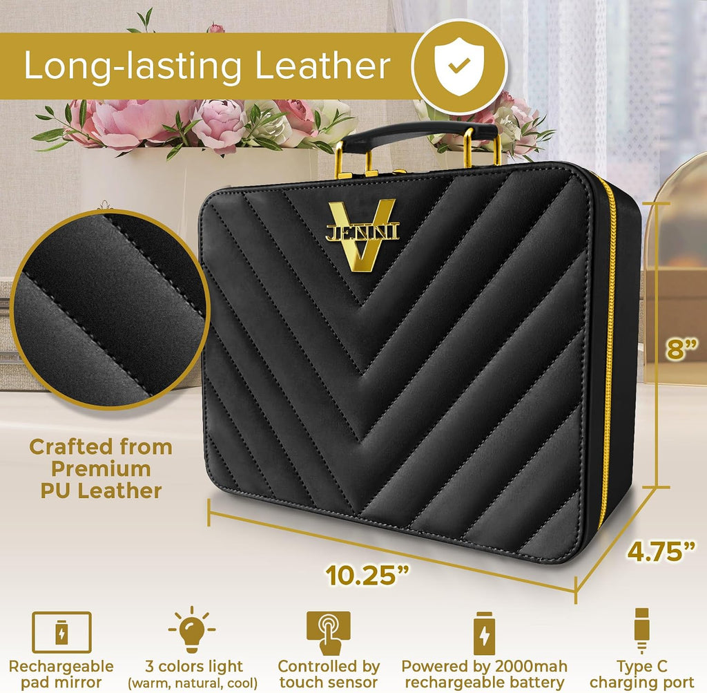 Upscale PU Leather Makeup Bag with Light Up Mirror, 3 Brightness Settings, Adjustable Dividers - Replace Your Bulky