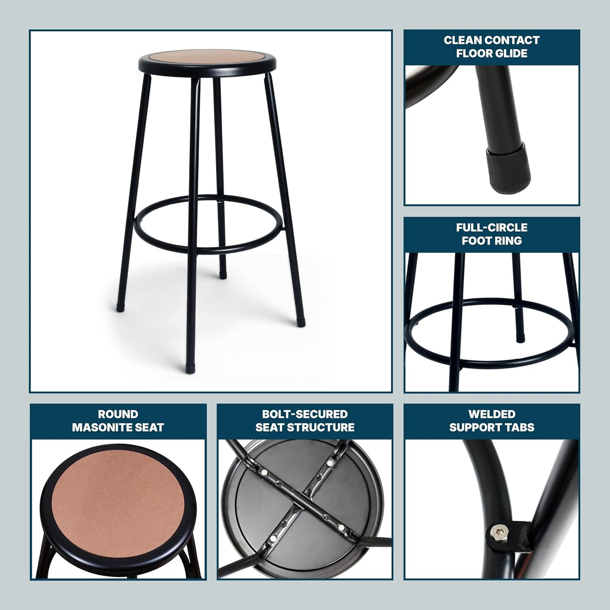 OEF6230-10-KD Assembly Required Commercial Steel Round Stool with Masonite Wood Seat (30-inch Height, Black Frame)