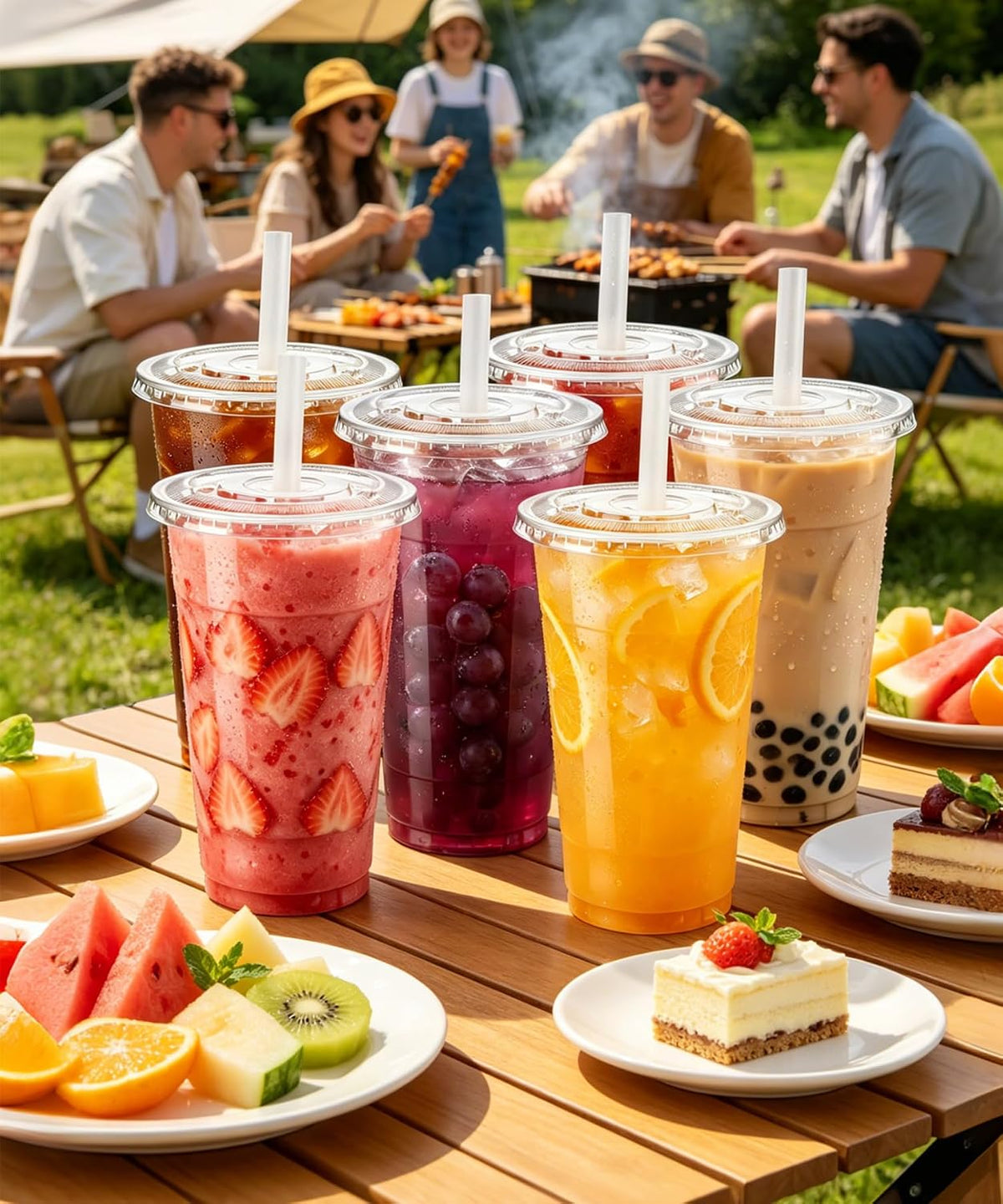 32 oz Clear Plastic To Go Cups with Lids and Straws