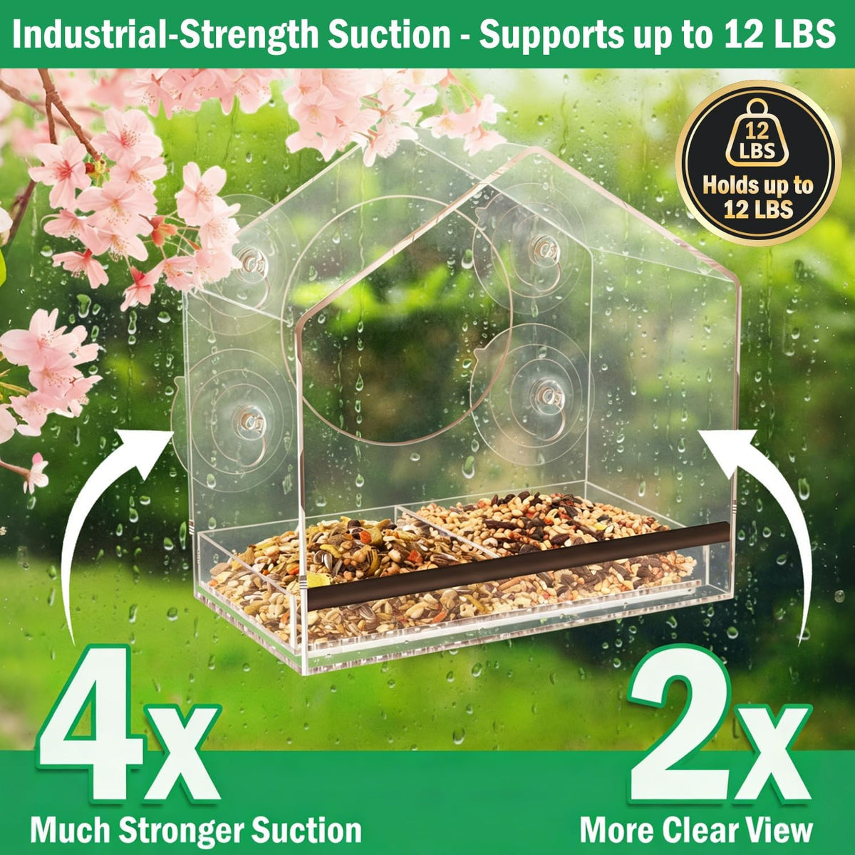 Clear Window Bird Feeder with Strong Suction Cups, Removable Tray