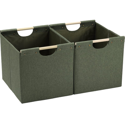 Large Collapsible Storage Bins, Linen Fabric, Pack of 2, Storage Baskets with Wooden Carry Handles and Sturdy Heavy
