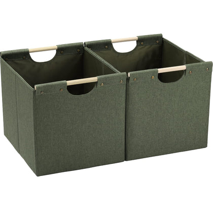 Large Collapsible Storage Bins, Linen Fabric, Pack of 2, Storage Baskets with Wooden Carry Handles and Sturdy Heavy