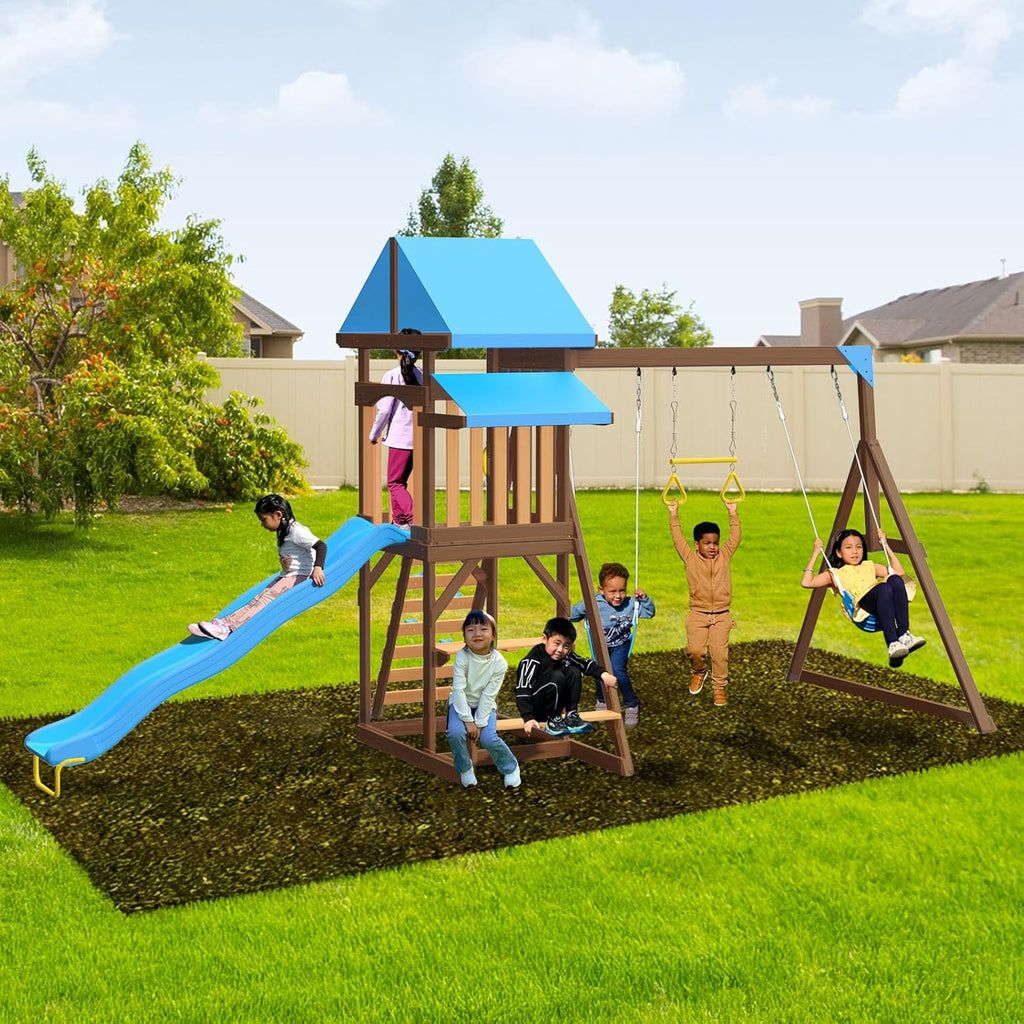 Rosemont Cedar Wooden Swing Set with 8' Slide, 2 Adjustable Swings, Trapeze, Play Fort with Rock Climber, Sandbox
