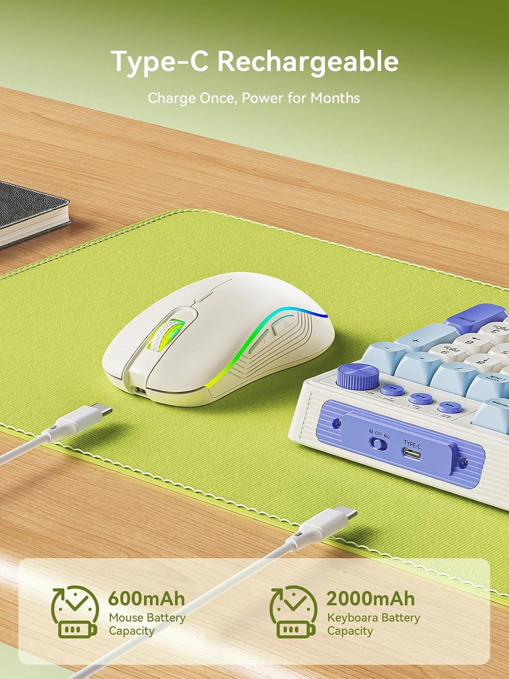 Wireless Keyboard and Mouse Combo, RGB Backlit Rechargeable 2000 mAh Battery, Wireless Computer Keyboards, Tri-Mode