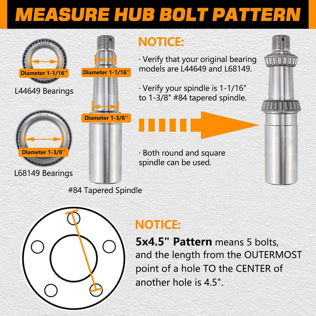 5x4.5 Trailer Hub Kits for 3500lb 1-1/16'' to 1-3/8'' Tapered Axle