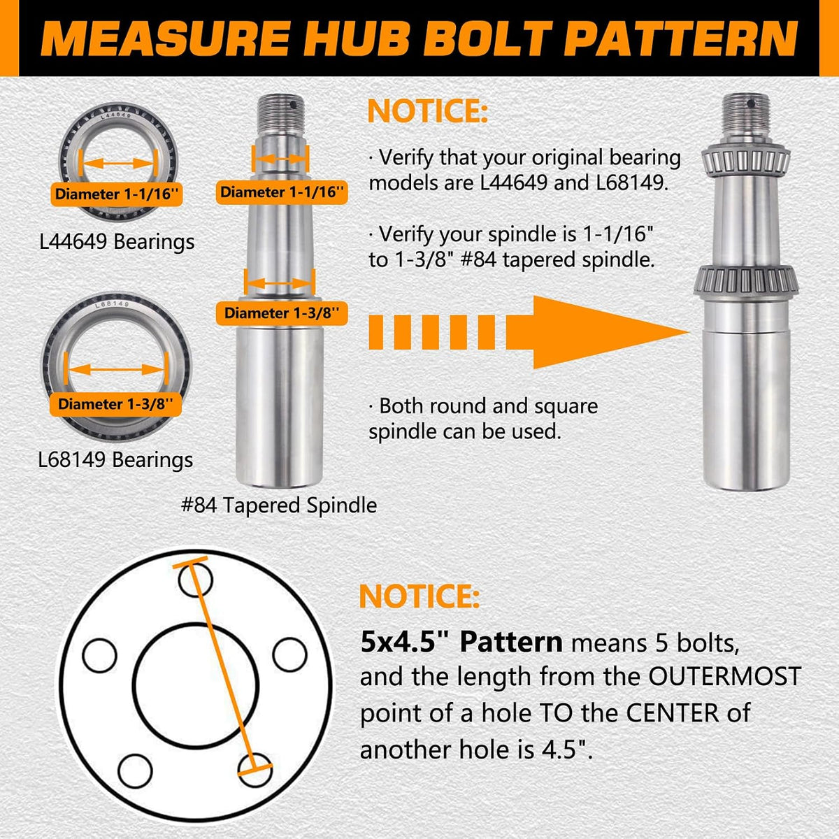 5x4.5 Trailer Hub Kits for 3500lb 1-1/16'' to 1-3/8'' Tapered Axle