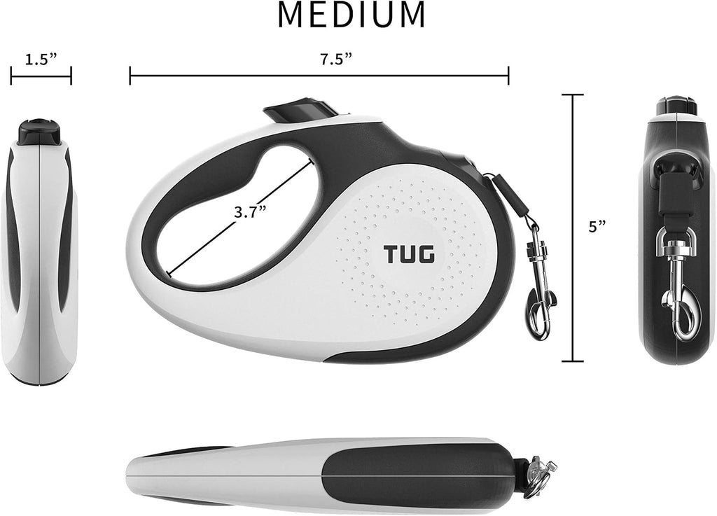 360° Tangle-Free Retractable Dog Leash | 16 ft Strong Nylon Tape | One-Handed Brake, Pause, Lock (Medium, White)
