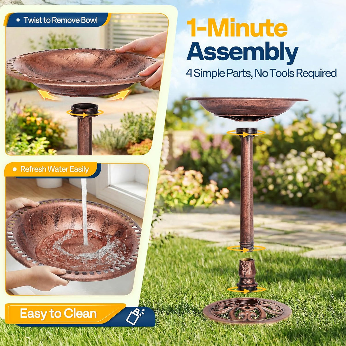 Bird Bath with Solar Fountain for Outside, Pedestal, Bronze