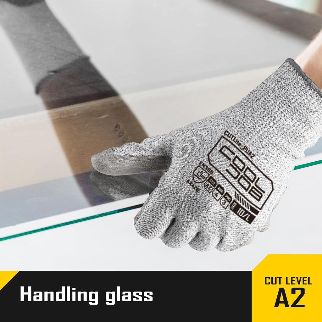 12/120 Pairs Cut Resistant Safety Work Gloves with Grip, 13 Gauge Seamless Shell with PU Coating, ANSI A2 A4 A6, Gray