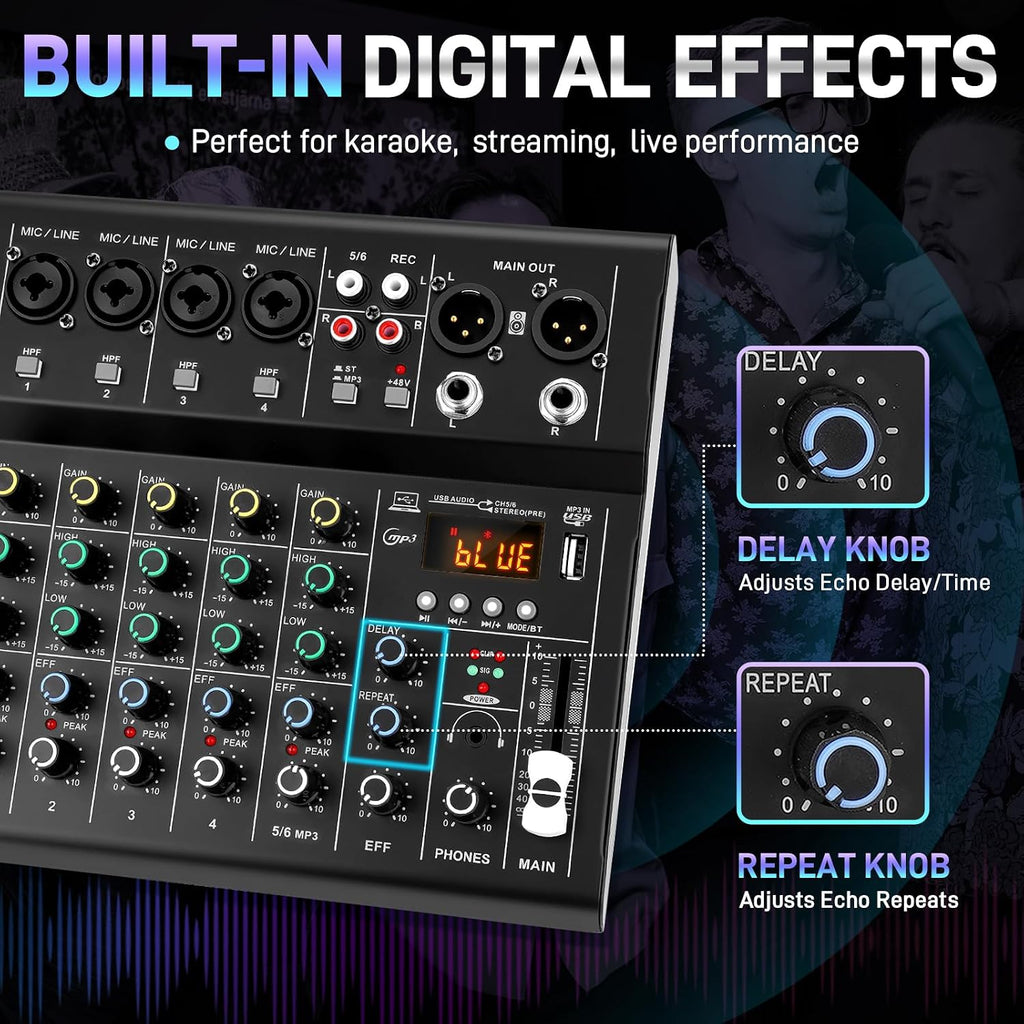 6-Channel Audio Mixer for Beginners with Bluetooth USB/MP3 Sound Card | Easy Setup DJ Mixer with DSP Effects & 48V