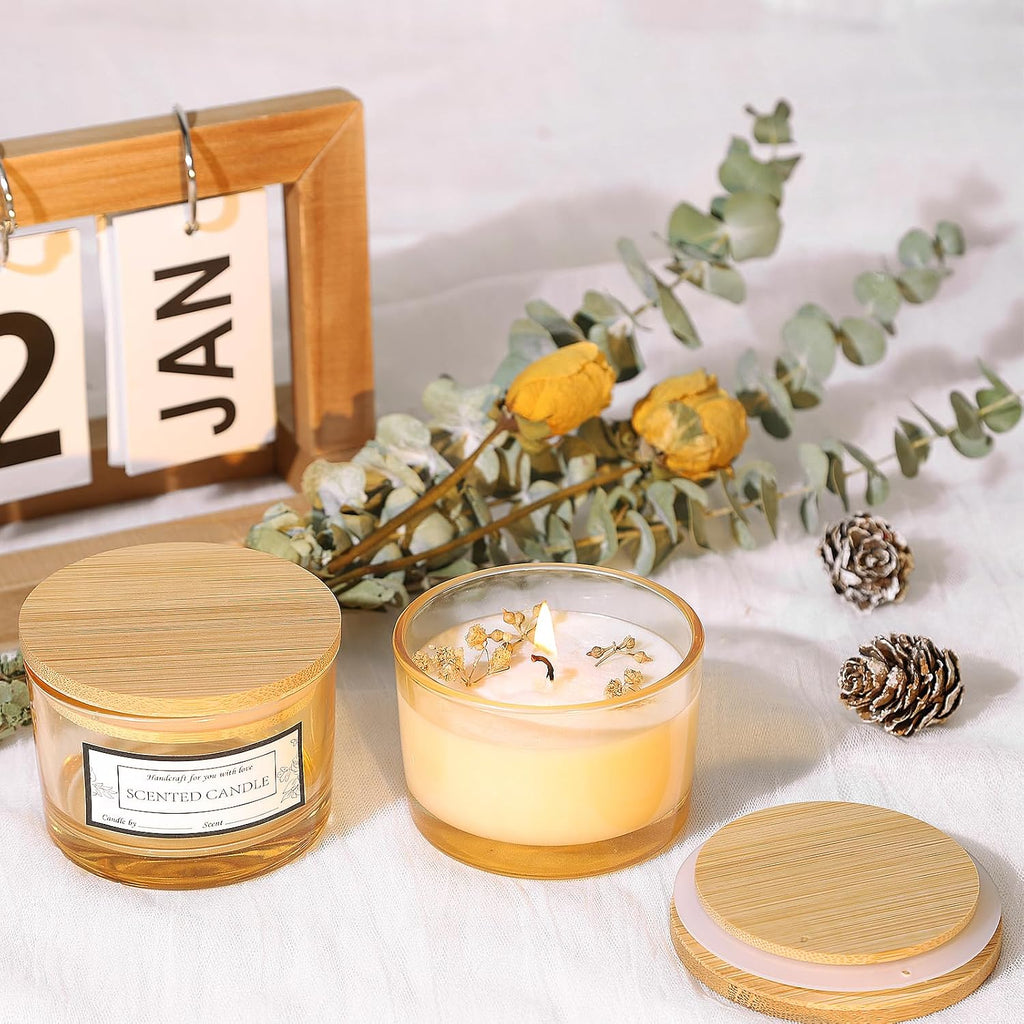 15 Pack 4oz Gold Amber Glass Candle Jars with Airtight Bamboo Lids | Thick Glass, Bulk Small Wide Mouth Candle