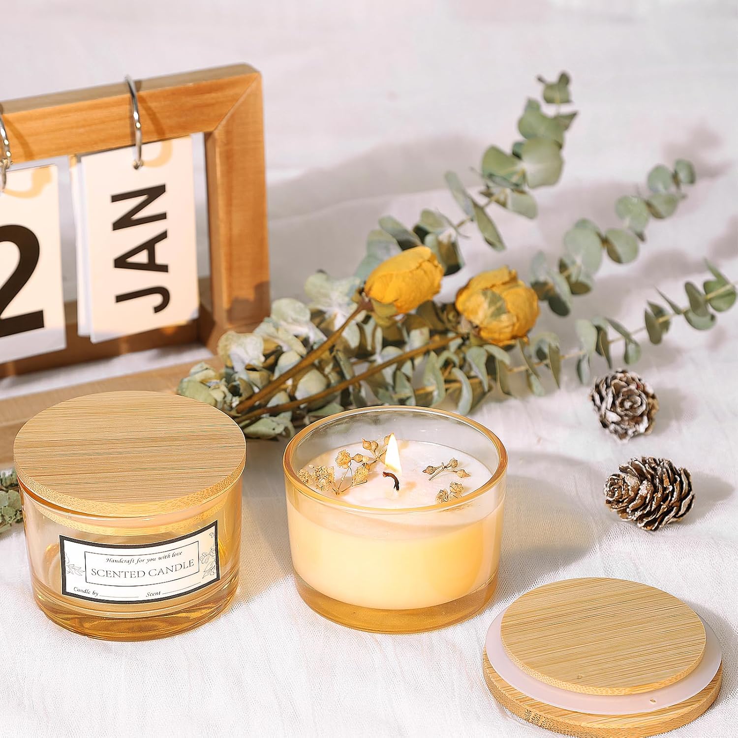 15 Pack 4oz Gold Amber Glass Candle Jars with Airtight Bamboo Lids | Thick Glass, Bulk Small Wide Mouth Candle