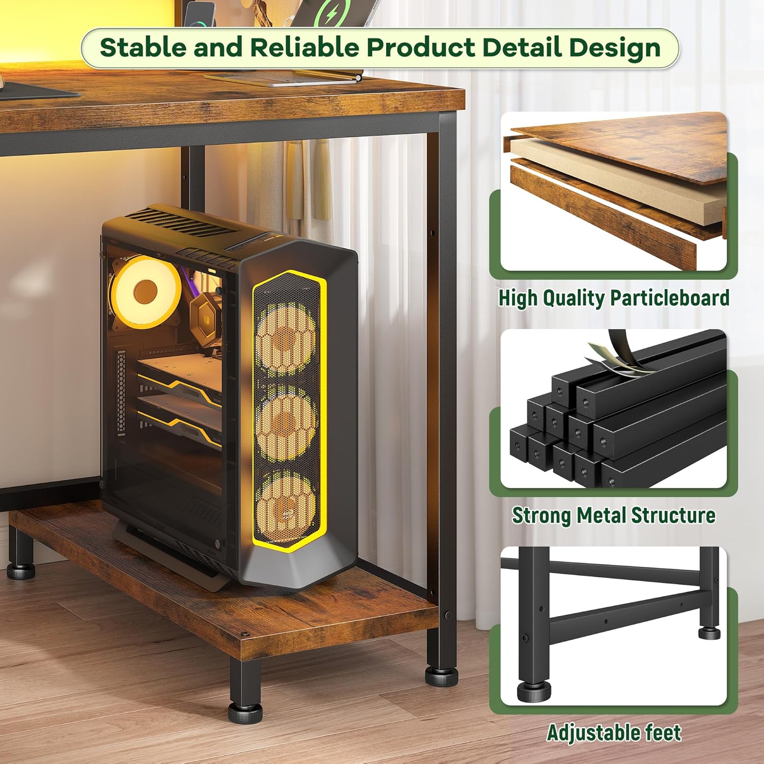 39.3Inch Office Desk with Power Outlet & Drawer, Gaming Desk with CPU Stand& LED Lights,Computer Desk with Ergonomic